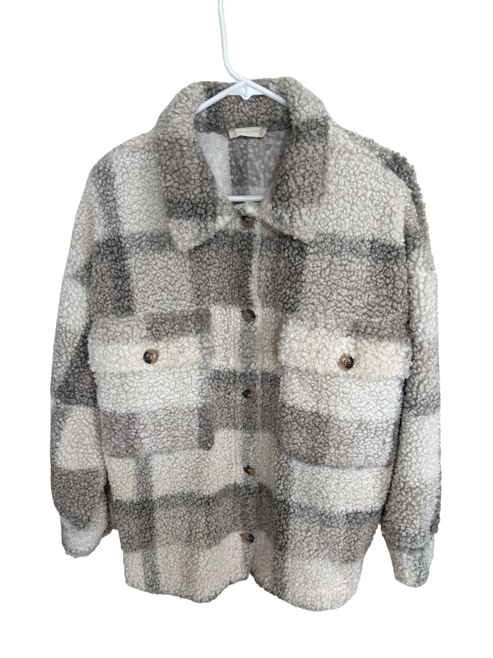 Altar’d State Cozy Plaid Sherpa Jacket Cream & Gray Sz M